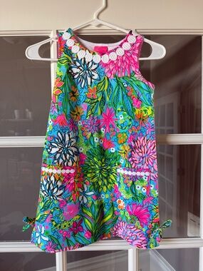 Lilly Pulitzer Girls Bright Blue Pink Green Floral Dress with White Shell Trim